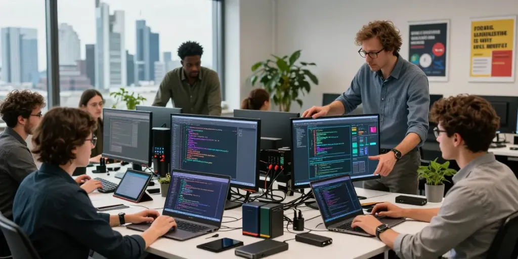 IT Service Frankfurt: IT-Profis arbeiten zusammen an einem Projekt in modernem Büro mit Frankfurt Skyline im Hintergrund