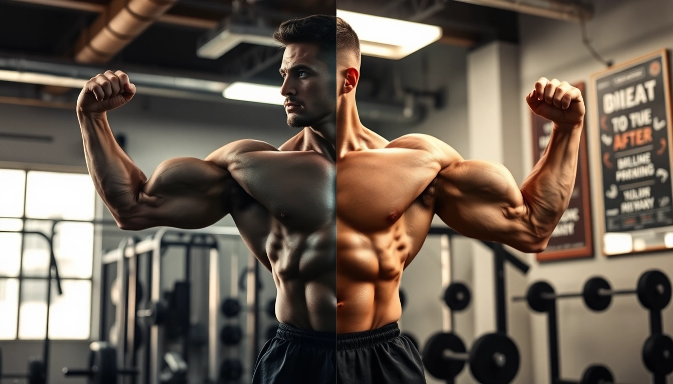 Testo vorher nachher Transformation in einem Fitnessstudio mit einem starken Athleten.