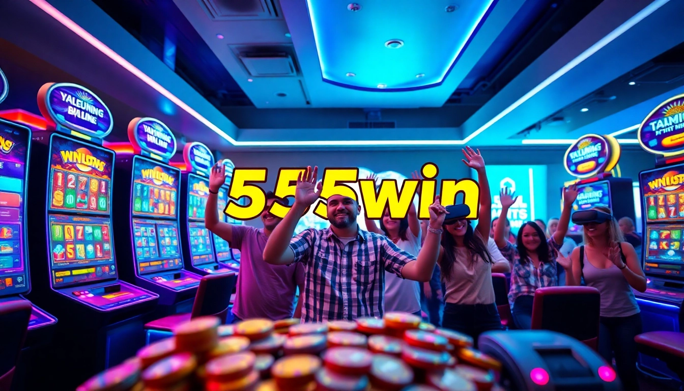 Exciting gaming scene depicting players celebrating wins with 555win digital interfaces and vibrant slot machines.