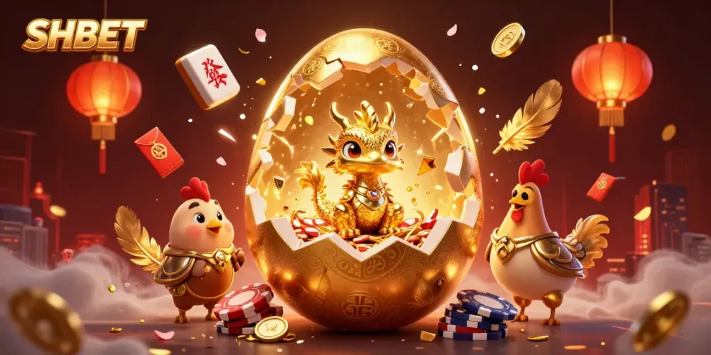 Experience thrilling gaming adventures at SHBET with a dazzling golden dragon and poker chips.