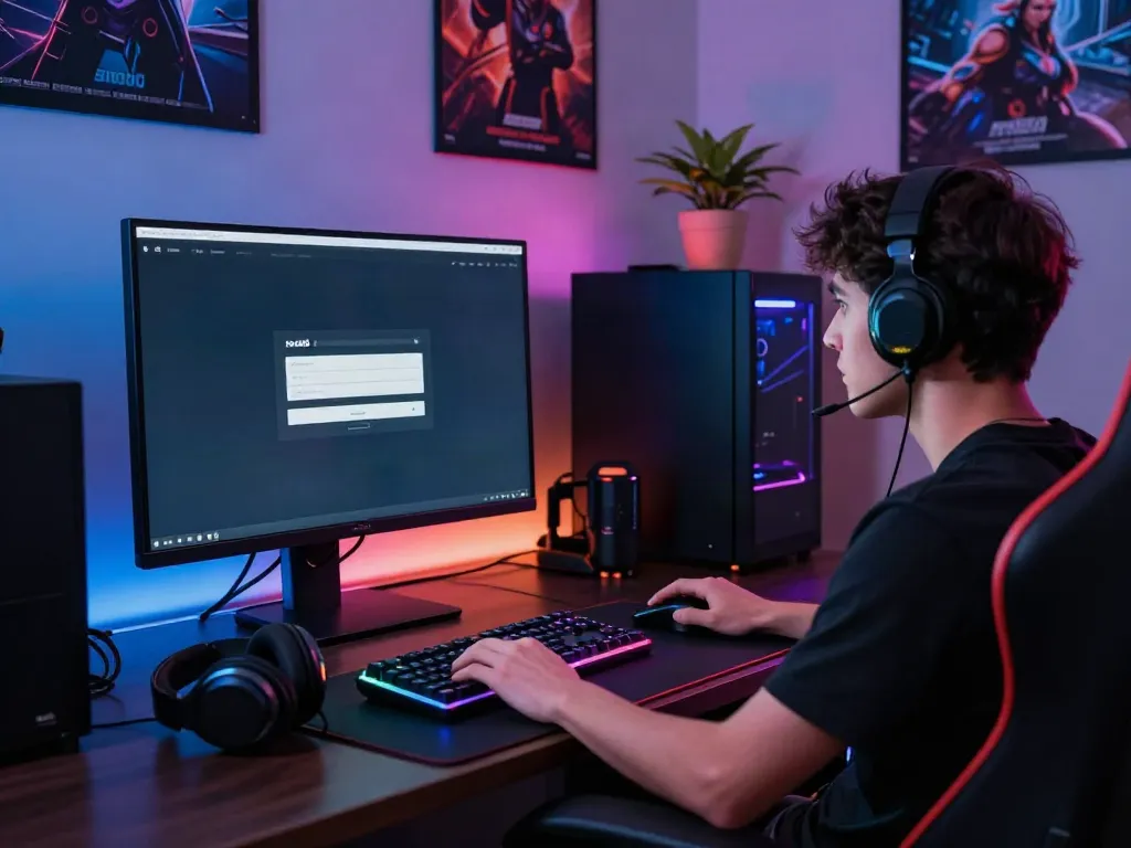 Engaging gaming setup featuring the rokok88 login interface, RGB lighting, and vibrant environment.
