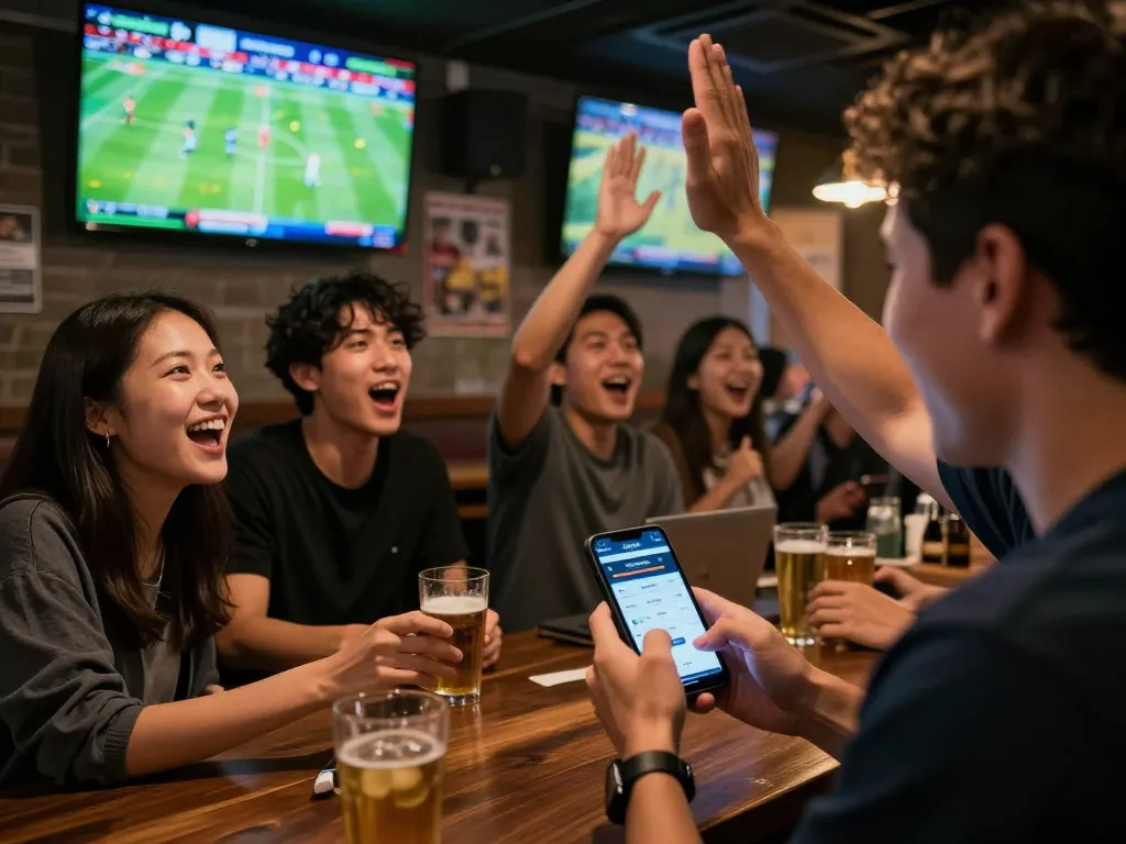 Betting kèo bóng đá trực tuyến on a smartphone while enjoying live sports at a lively bar.
