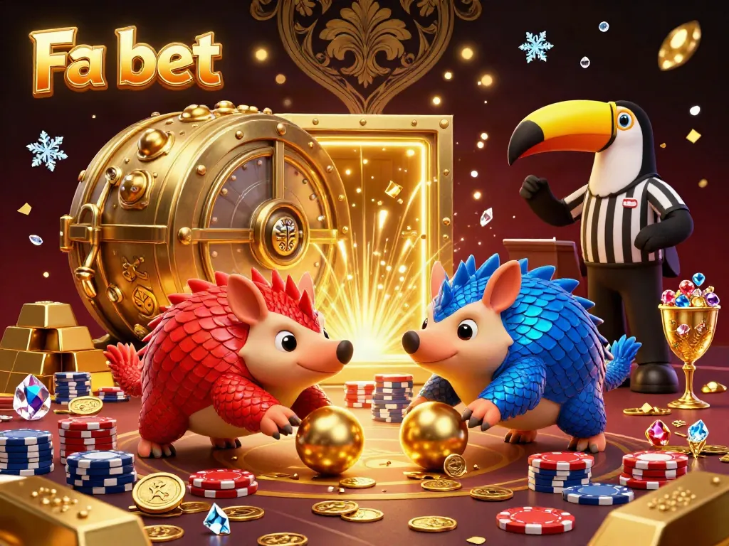 Engage in the Fa bet action as cartoon pangolins roll through golden poker chips amidst dazzling casino treasures.