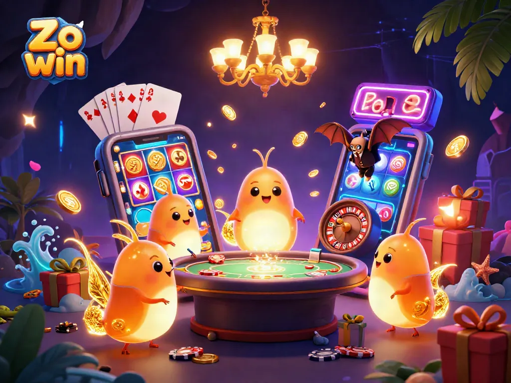 Play slots and win big with Zo win as glowworms illuminate an exciting casino scene.