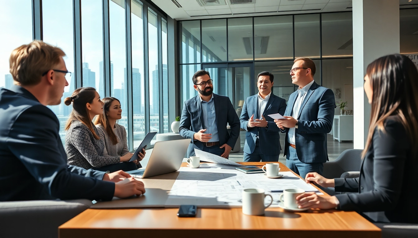 Headhunter Ingenieure beraten vielfältiges Team in modernem Büro über Karrieremöglichkeiten.