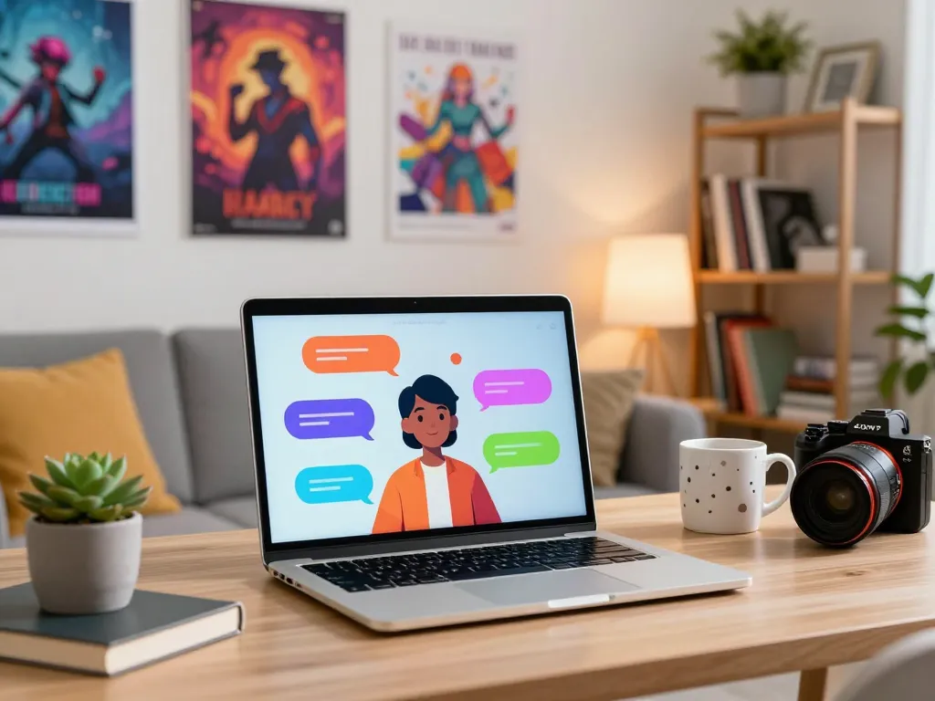 User enjoying a character AI NSFW chat on a laptop in a cozy home office setup, vibrant colors and inviting atmosphere.