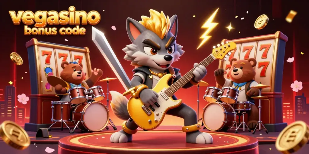 Unleash your potential with the vegasino bonus code on vibrant slot reels featuring a rock star wolf.
