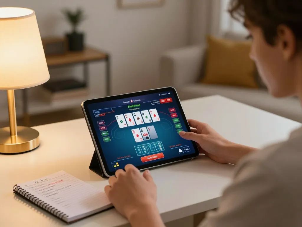 Engaging online poker gameplay on tablet at home, showcasing 789betpa gaming experience with strategy notes