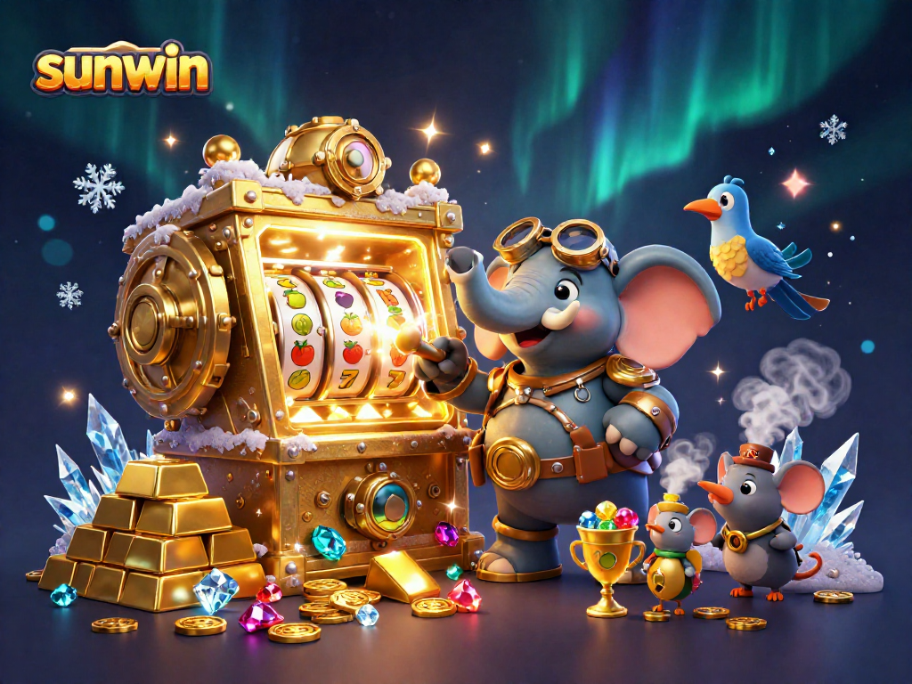 Spin to win big at sunwin with a steampunk elephant in a vibrant casino scene