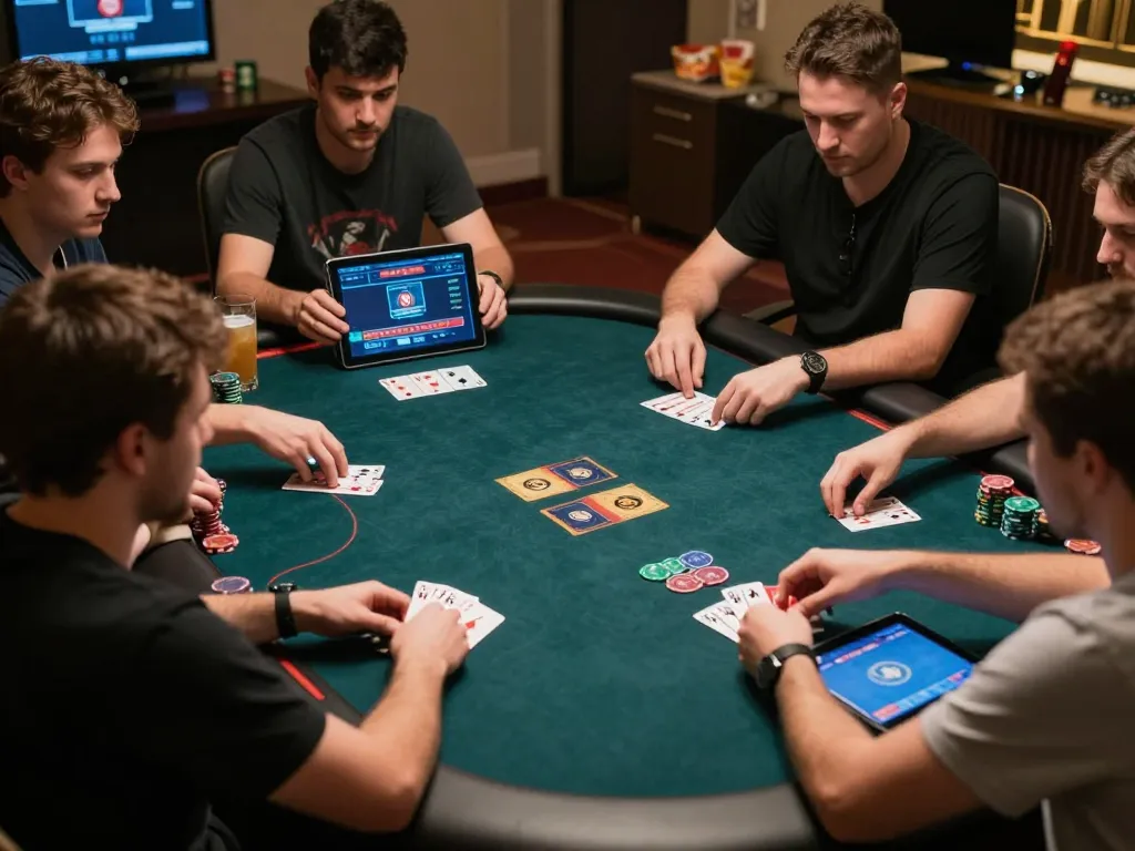 SIN88 online poker gameplay with players' hands revealed, showcasing strategic betting actions in a cozy home setting