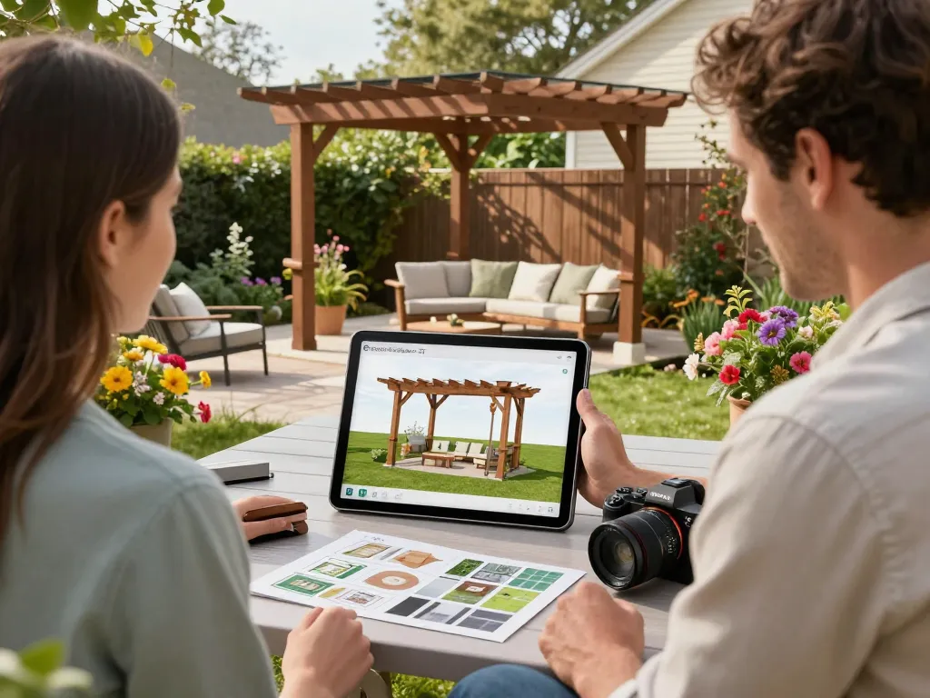Pergola Konfigurator 3D in Aktion, während ein Paar ihre Außenpergola in einem sonnigen Garten gestaltet.