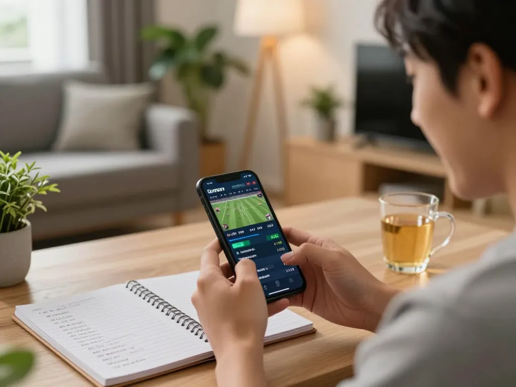 Engaging scene of a person enjoying keonhacai on their smartphone for live sports betting with strategic notes visible.