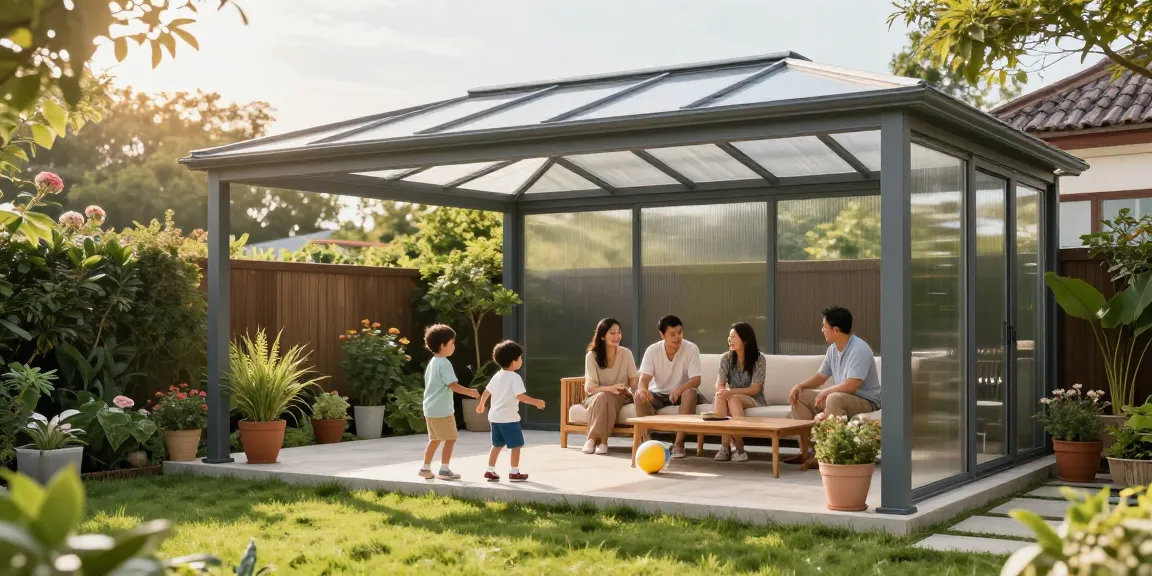 Terrassenüberdachung freistehend im Garten mit Familie und Sonnenschein.