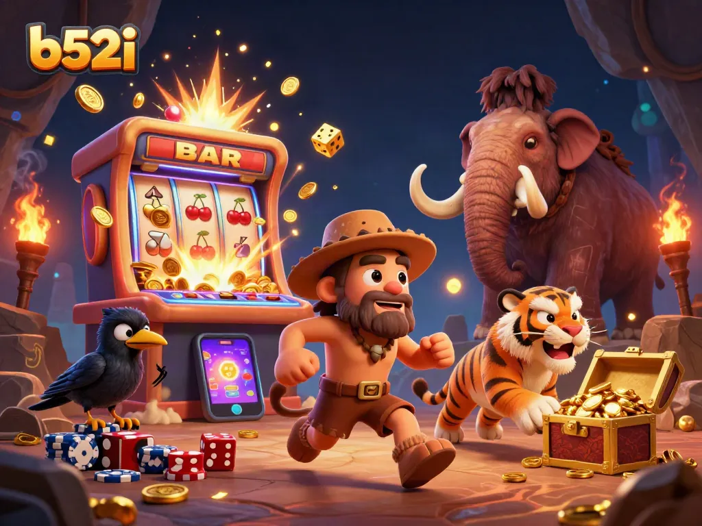 Engage with b52i's vibrant prehistoric casino scene featuring lively characters and dynamic slot elements.