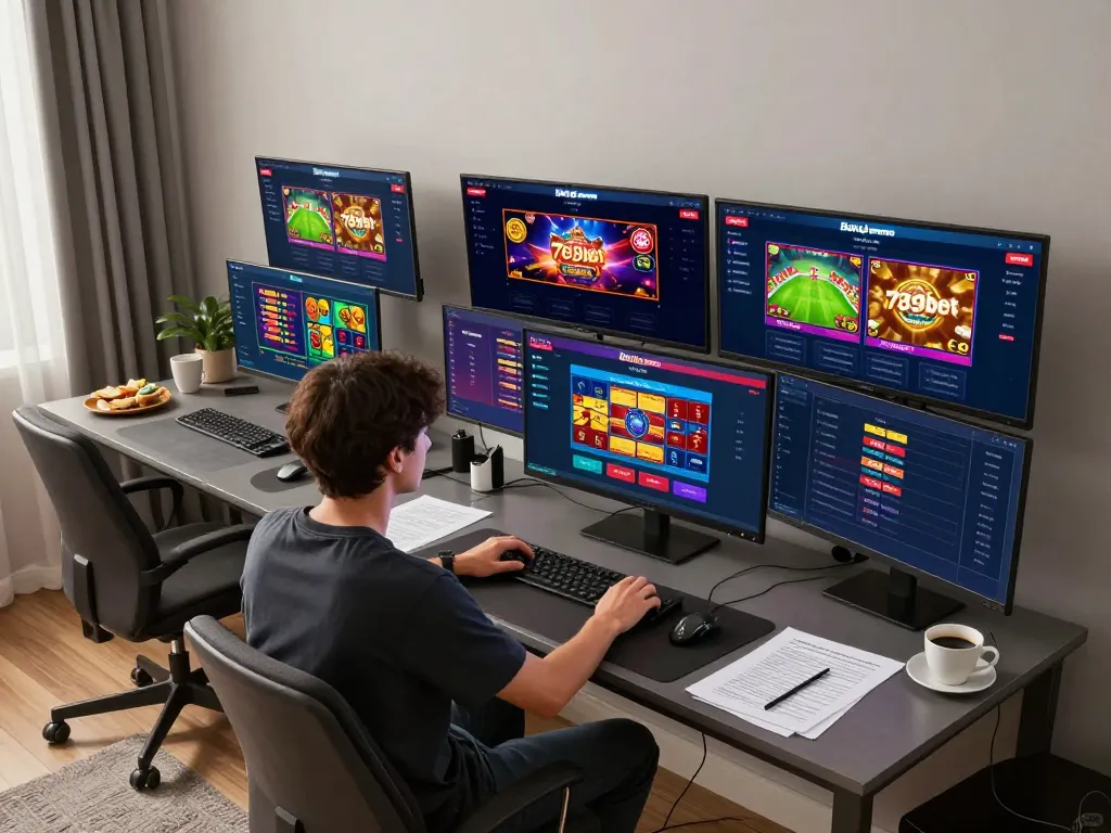 Player using online platform for 789bet đăng ký with multiple screens displaying gaming action.