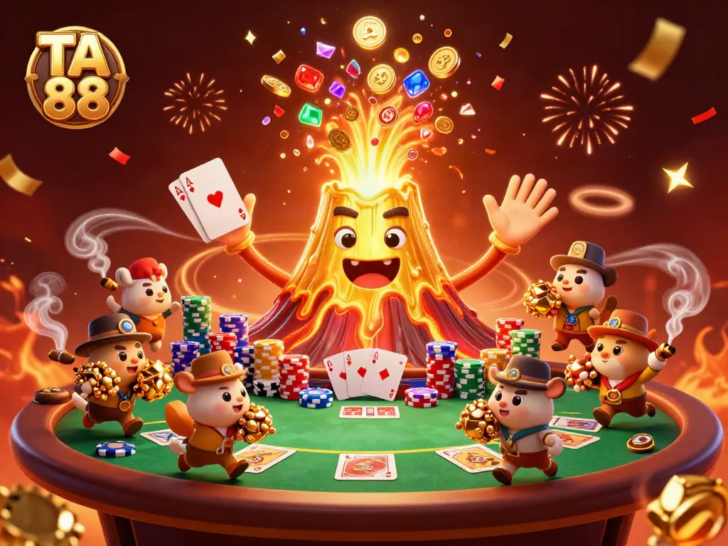 Win big at TA 88 with a golden volcano erupting coins, poker chips, and treasure galore!