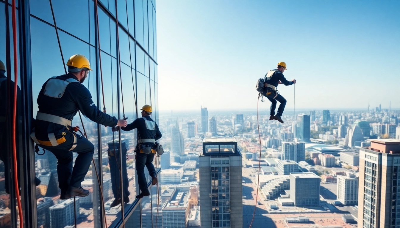 Fensterreinigung berlin: Professionelle Fensterputzer reinigen Hochhausfenster vor dem Berliner Stadtbild.