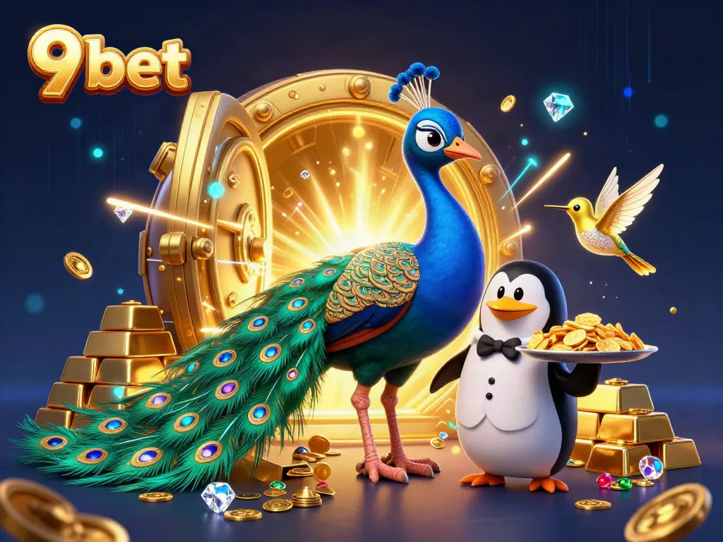Engage with 9 bet's dynamic casino scene featuring the peacock, butler, and hummingbird amidst treasures.