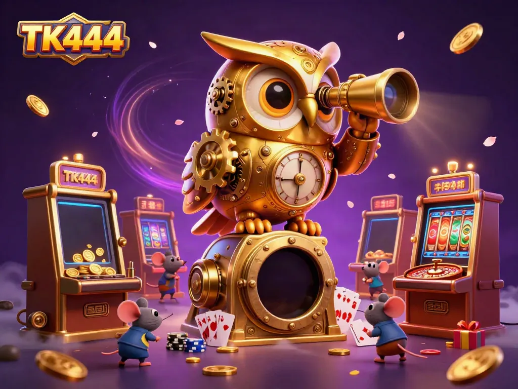 Engage with the vibrant TK444 casino world featuring a whimsical scene with a golden owl and playful mice amidst slot machines.