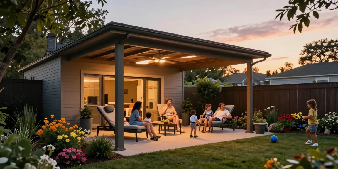 Moderne Carport-Szene mit Familie im Garten, die Entspannung und Schutz bietet.
