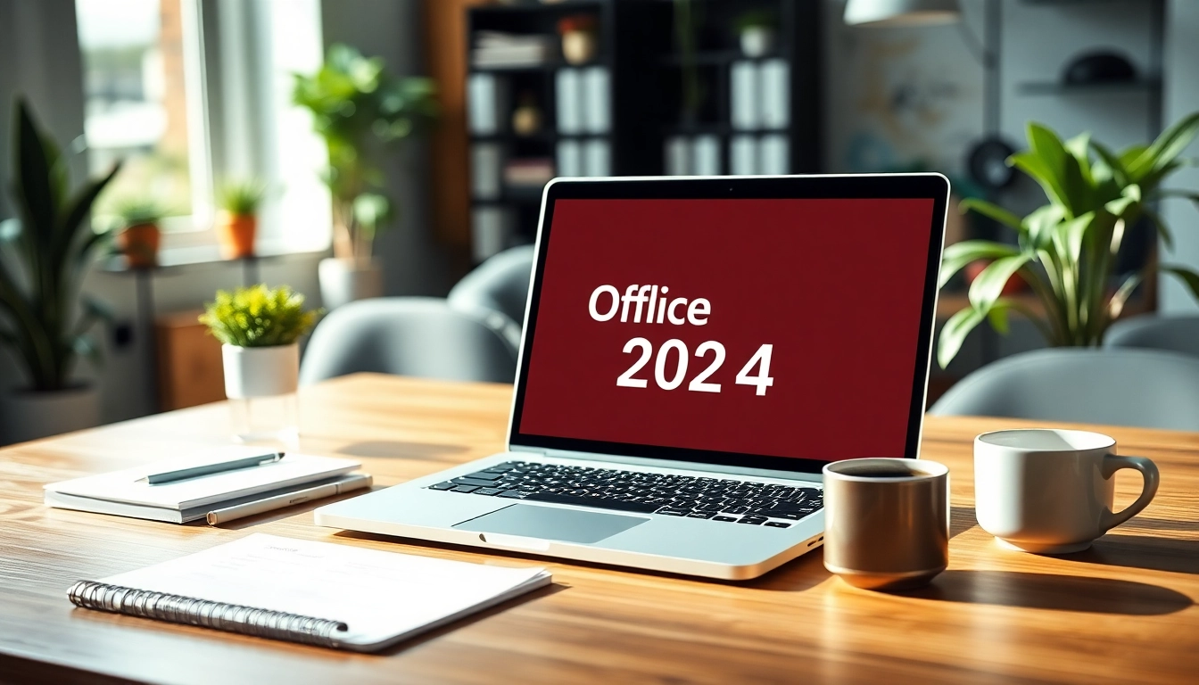 Professionelle Umgebung mit Lizenz für Microsoft Office Professional Plus 2024 auf einem Laptop und stilvollem Büromaterial