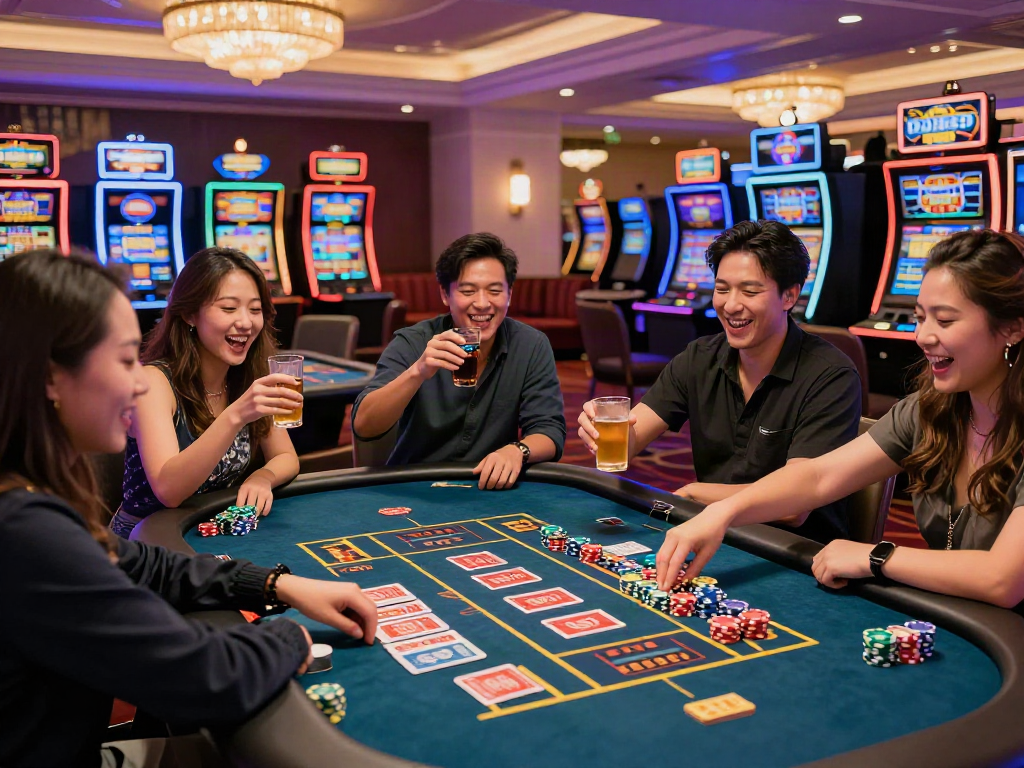 Excited friends celebrating a win at a rokok88 rtp gaming table in a lively casino.