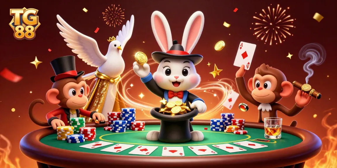 Engage with TG 88 as a magician rabbit conjures coins, with a dove and monkey amid festive casino energy.