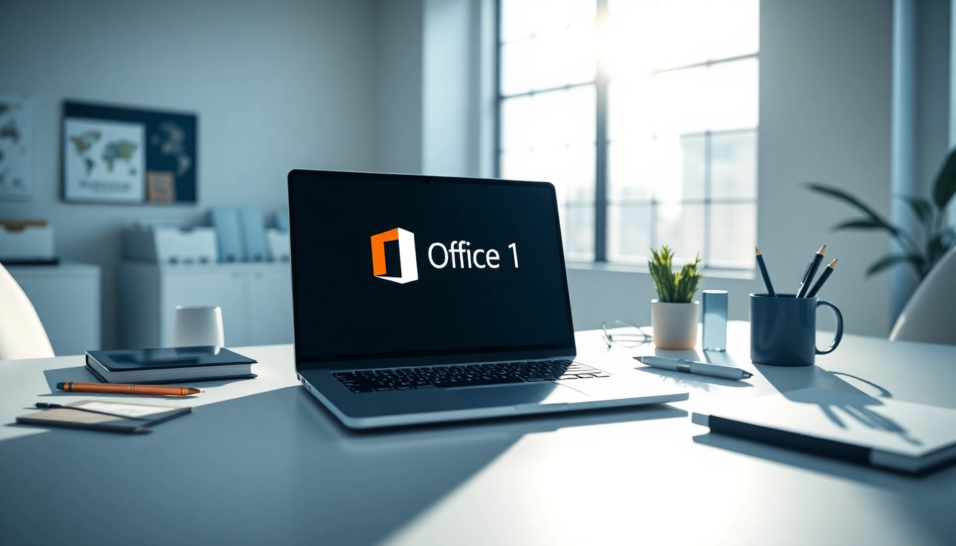 Nutzen Sie Office 2024 für Windows 11 auf einem modernen Laptop in einem eleganten Büro.