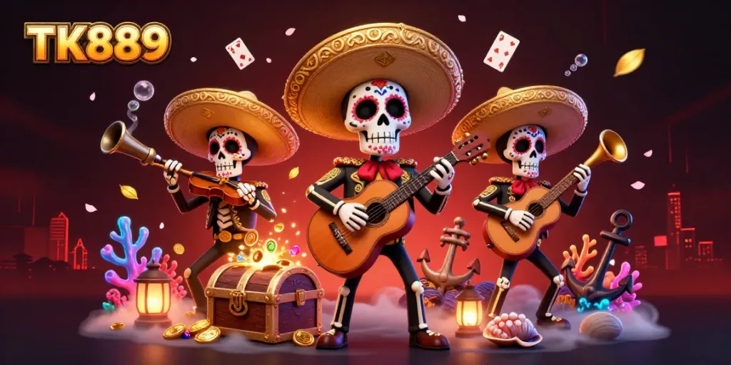 Experience thrilling action with TK889's vibrant mariachi band illustration celebrating online gaming excitement.