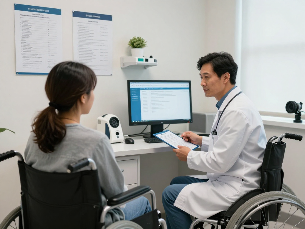 Gesundheitswesen Arzt in moderner Praxis, Patientengespräch zu Datenschutz und Barrierefreiheit.