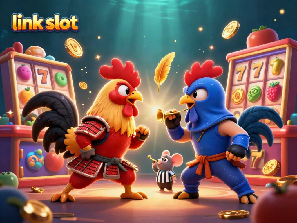 Engage in thrilling casino action with 3D cartoon roosters showcasing link slot excitement amid dynamic gaming elements.