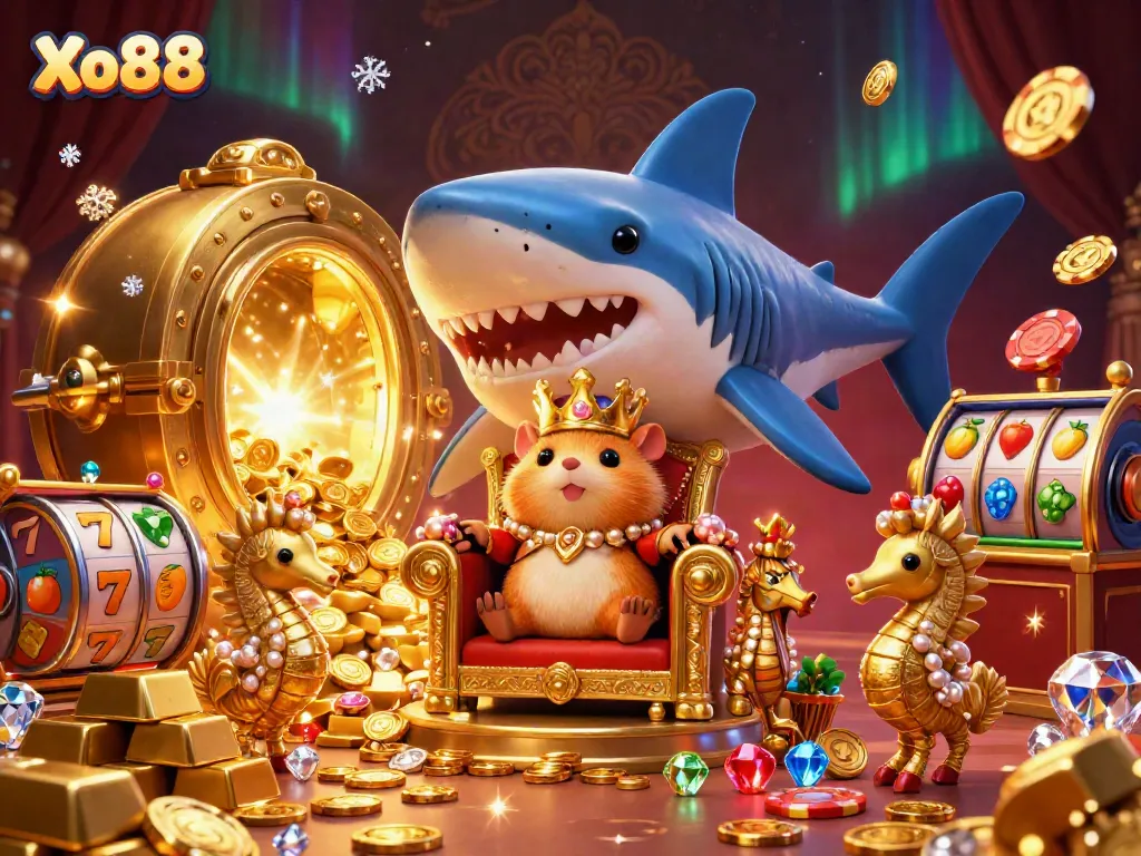 Join the thrilling action at Xo88, where the golden hamster king rules over a vibrant casino realm filled with slot machines and treasure.