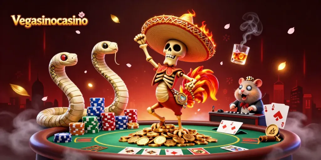 Engage with the triumphant scene of vegasinocasino, featuring lively characters and iconic poker elements.