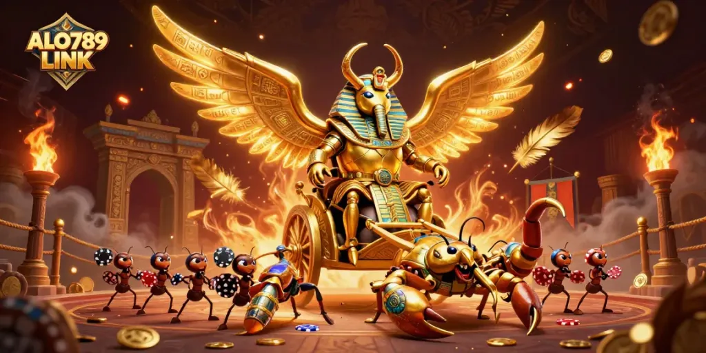 Engage with ALO789 LINK at a dynamic casino scene featuring golden beetles and scorpions.