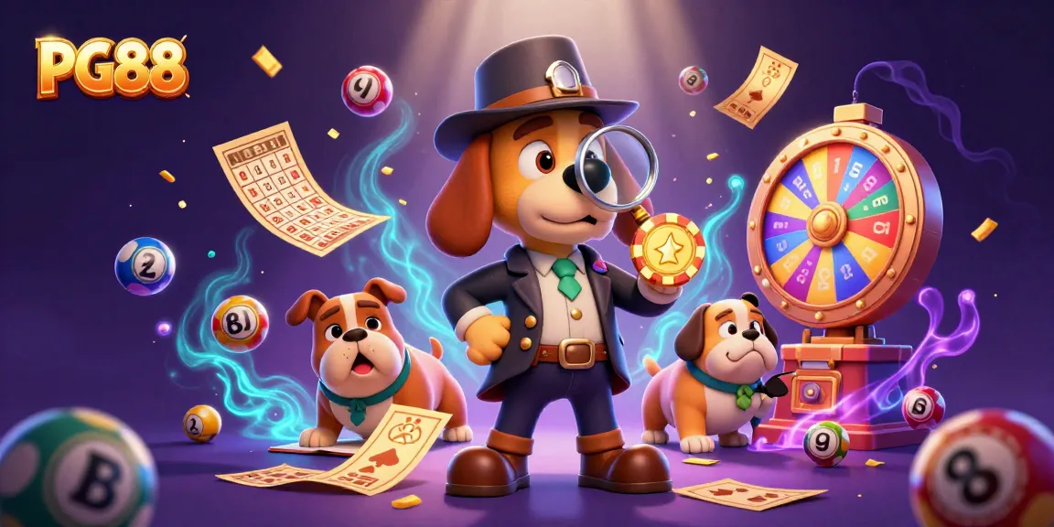 Experience the excitement of PG88 with a detective and bulldog uncovering treasures in this vibrant casino-themed illustration.